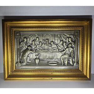 Vintage Last Supper Metal Relief Wall Art Gold Tone Frame 20x14
